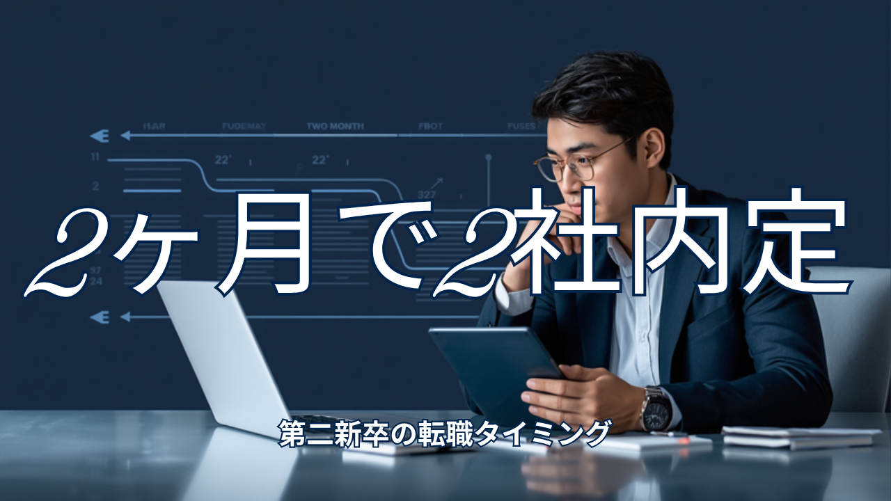 第二新卒の転職タイミングを表すアイキャッチ。20代の日本人ビジネスパーソンと「2ヶ月で2社内定 完走ロードマップ」のタイトル